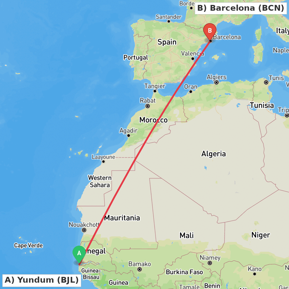 Flight route map from Yundum to Barcelona