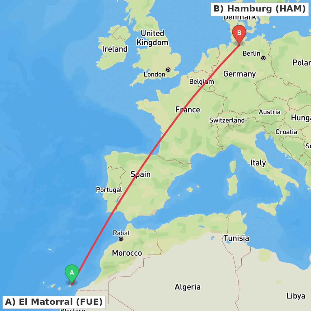 Flight route map from El Matorral to Hamburg