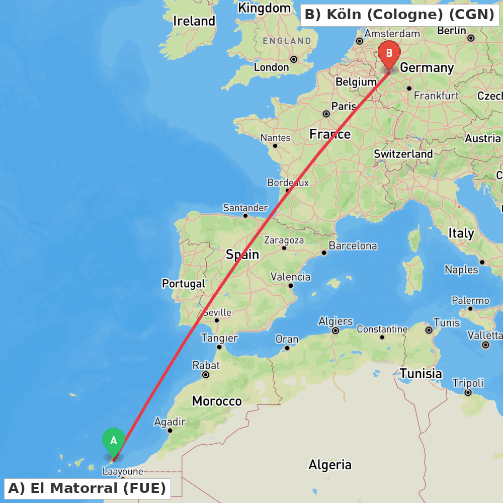 Flight route map from El Matorral to Köln (Cologne)