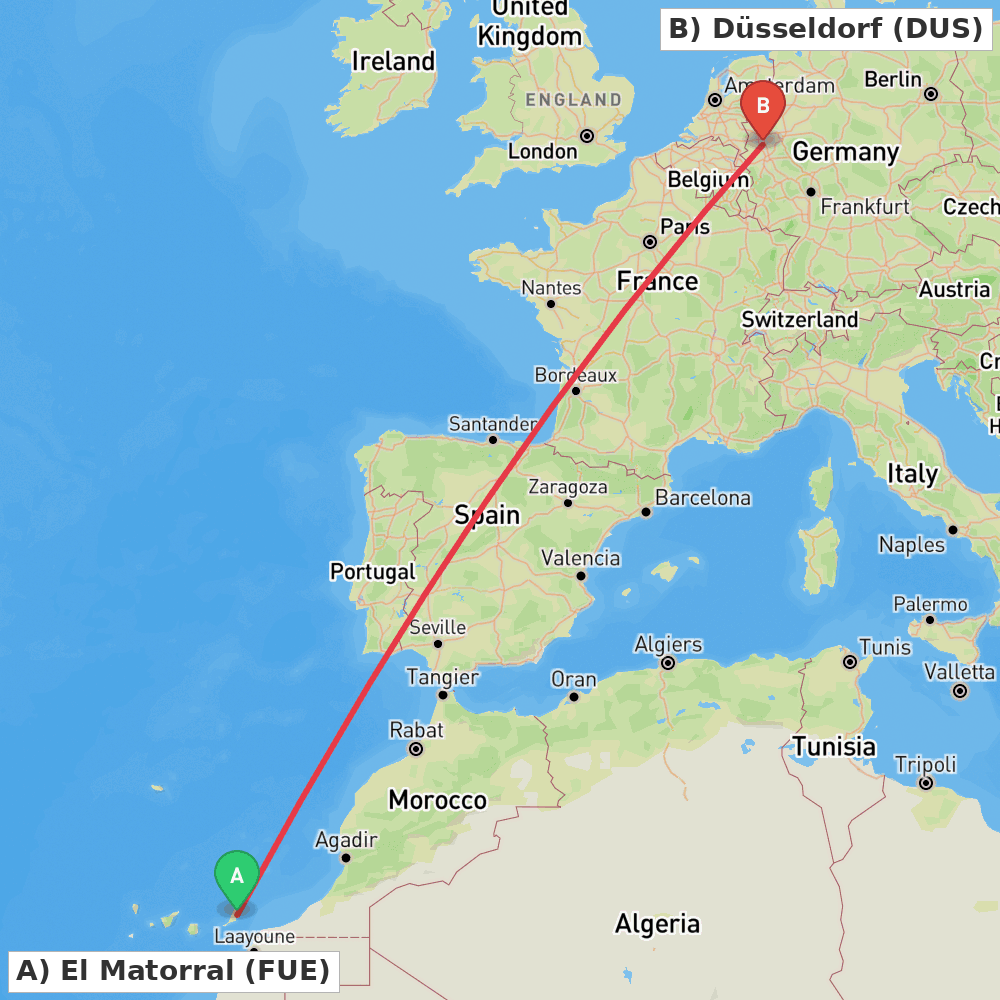 Flight route map from El Matorral to Düsseldorf