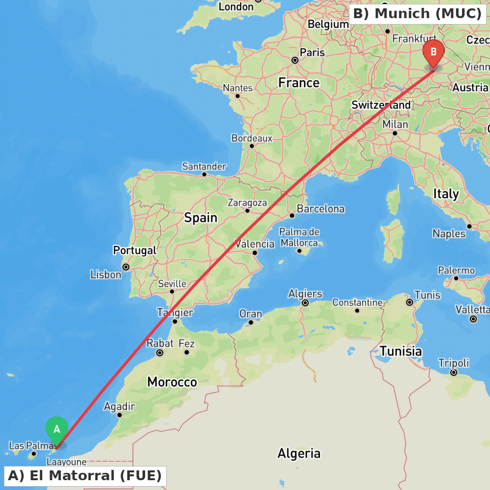 Flight route map from El Matorral to Munich