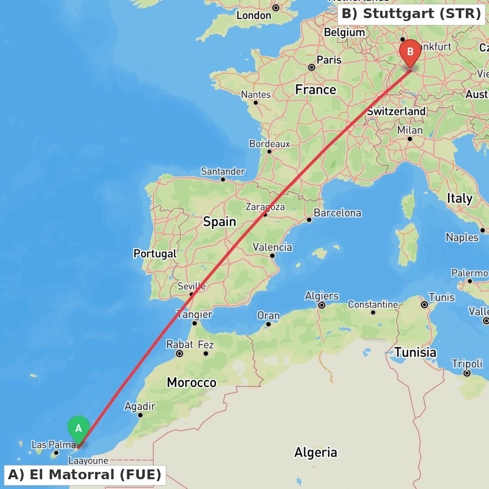 Flight route map from El Matorral to Stuttgart
