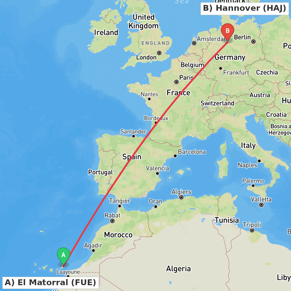 Flight route map from El Matorral to Hannover