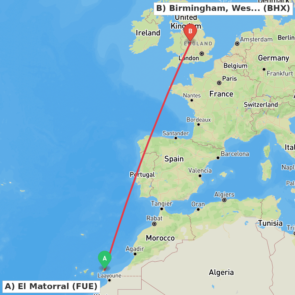 Flight route map from El Matorral to Birmingham, West Midlands
