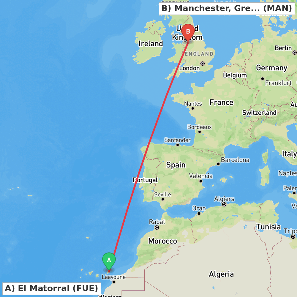 Flight route map from El Matorral to Manchester, Greater Manchester