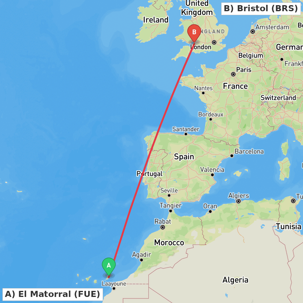 Flight route map from El Matorral to Bristol