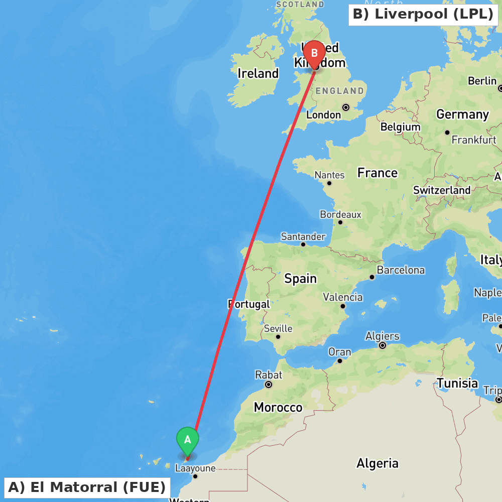 Flight route map from El Matorral to Liverpool