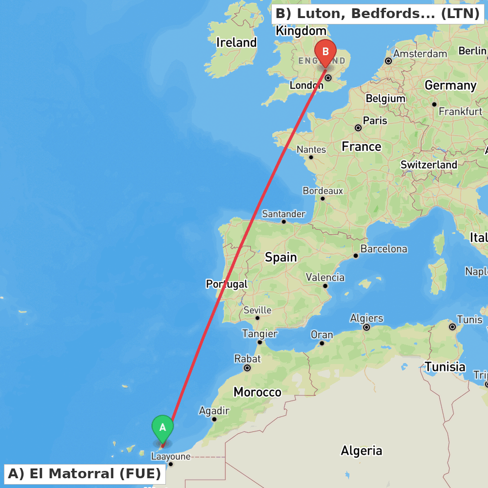 Flight route map from El Matorral to Luton, Bedfordshire