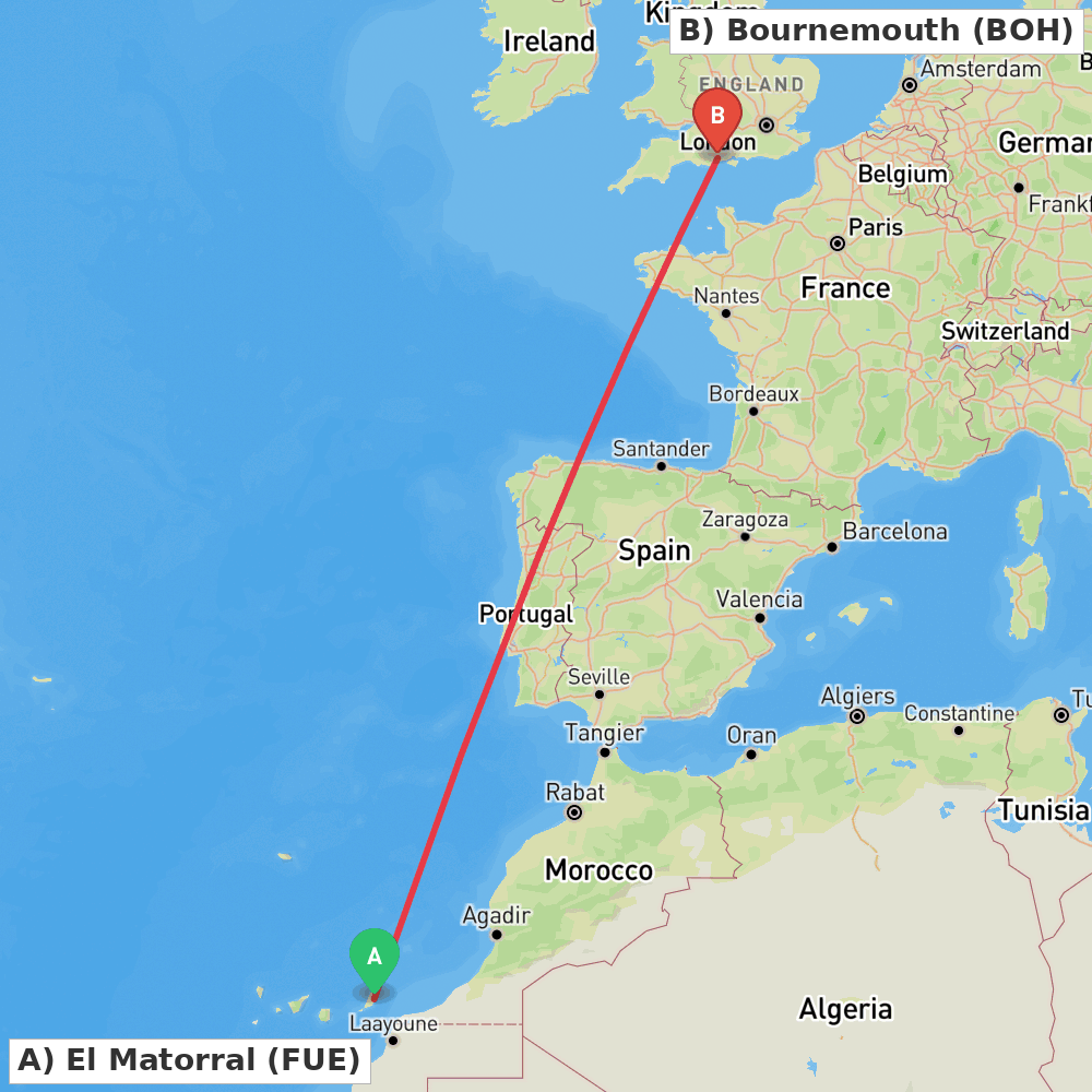 Flight route map from El Matorral to Bournemouth