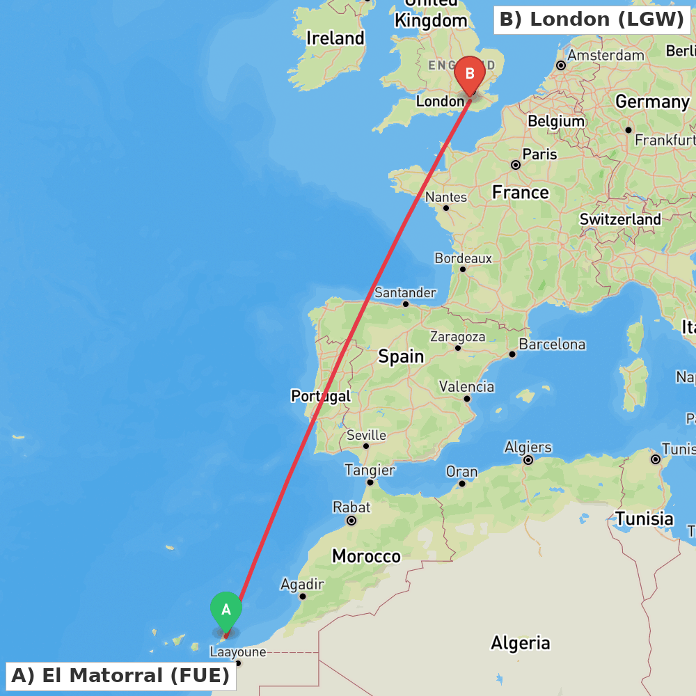 Flight route map from El Matorral to London