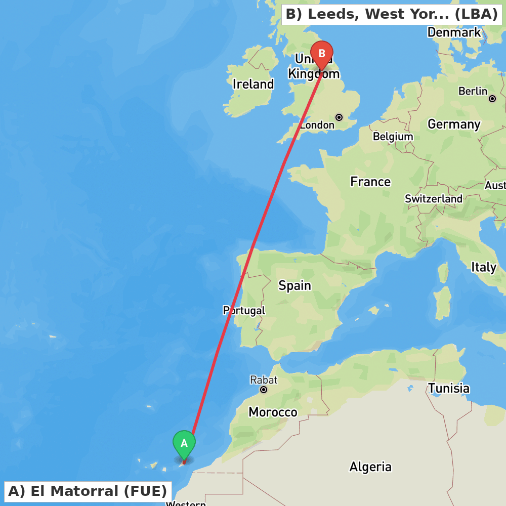 Flight route map from El Matorral to Leeds, West Yorkshire