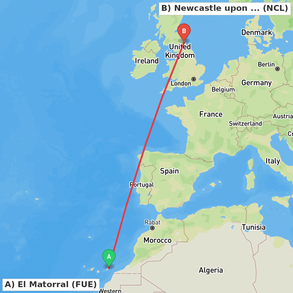 Flight route map from El Matorral to Newcastle upon Tyne, Tyne and Wear