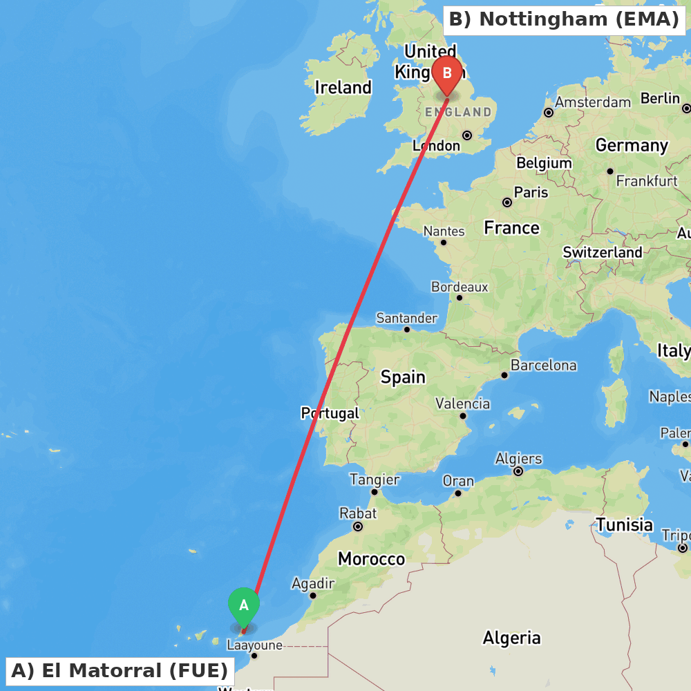 Flight route map from El Matorral to Nottingham