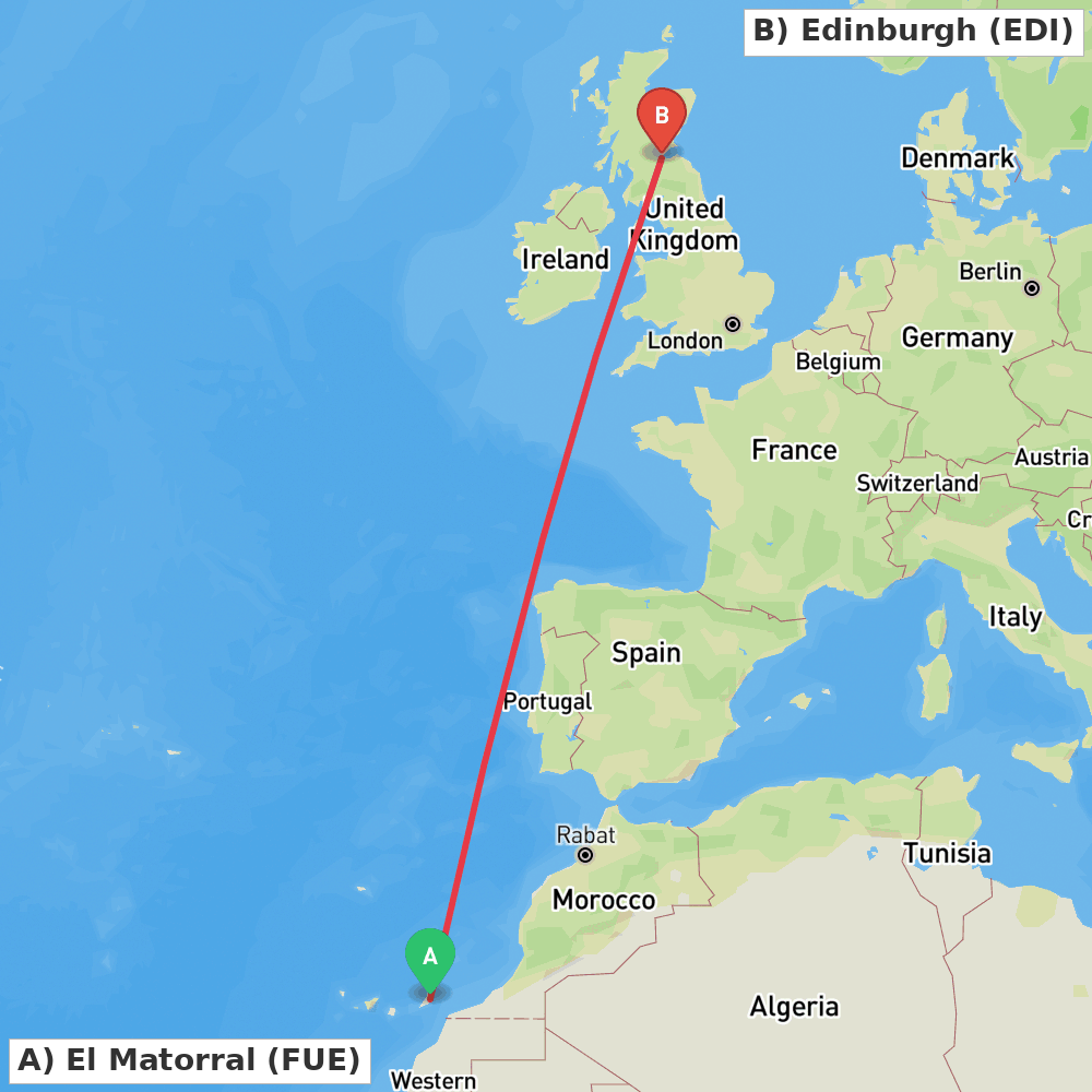 Flight route map from El Matorral to Edinburgh