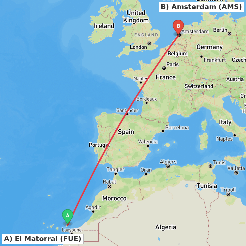 Flight route map from El Matorral to Amsterdam