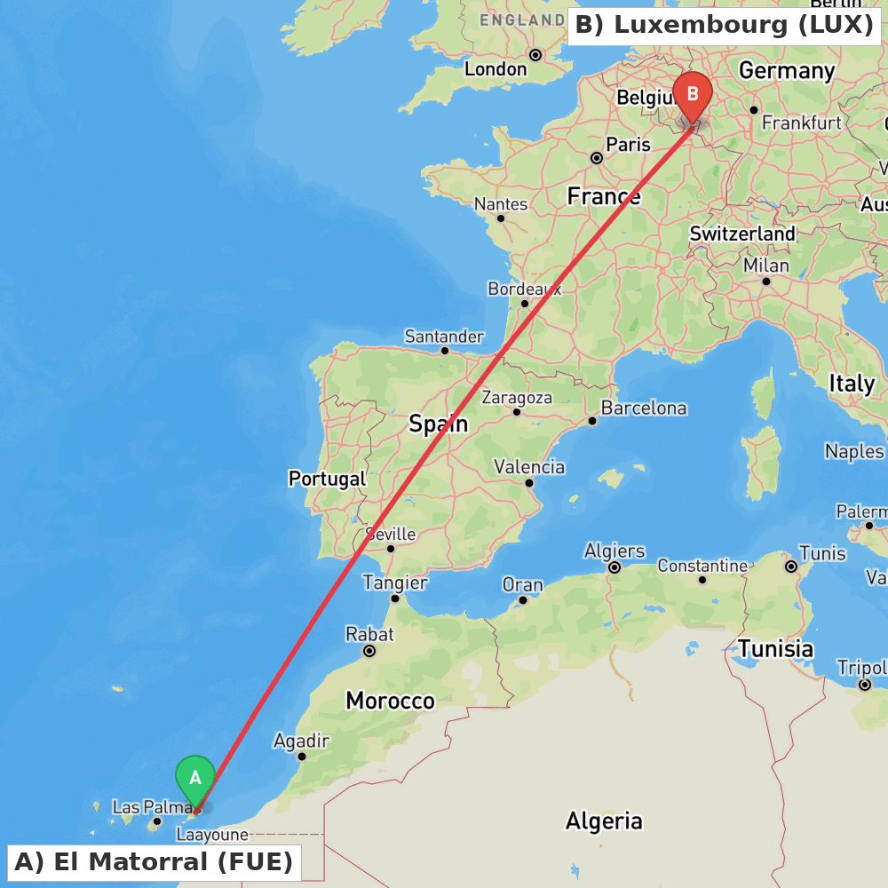 Flight route map from El Matorral to Luxembourg