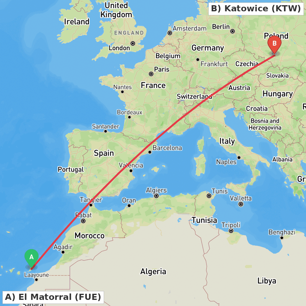 Flight route map from El Matorral to Katowice