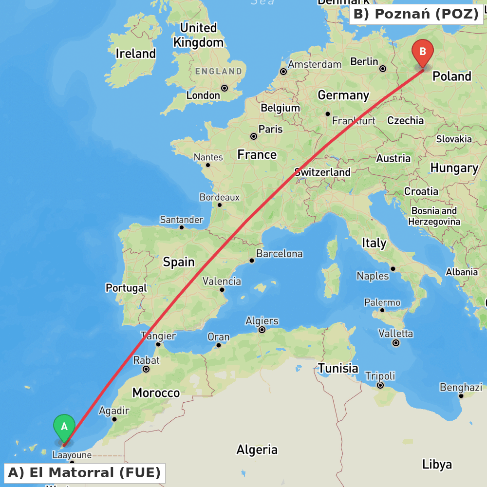 Flight route map from El Matorral to Poznań