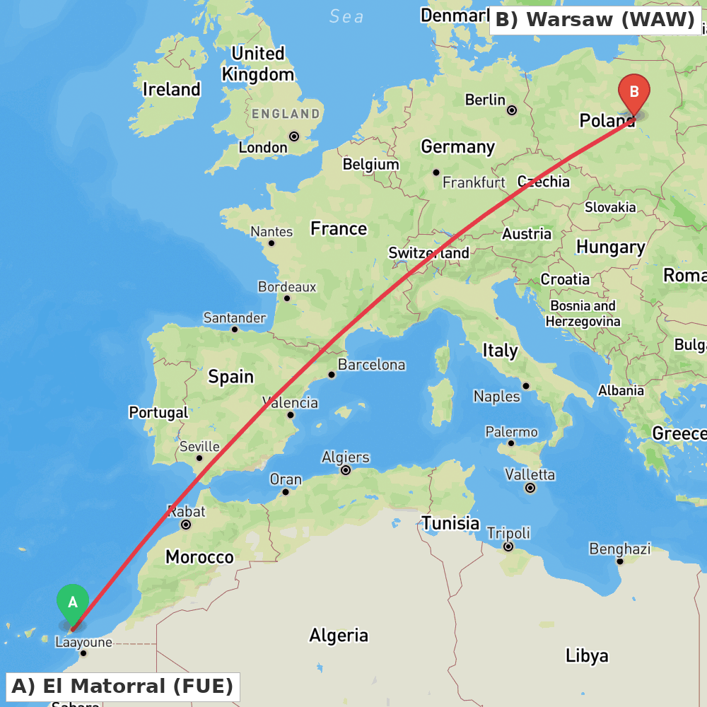 Flight route map from El Matorral to Warsaw