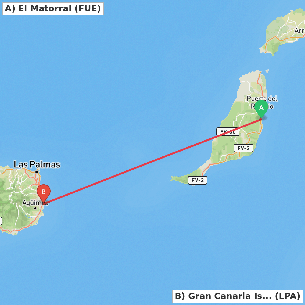Flight route map from El Matorral to Gran Canaria Island