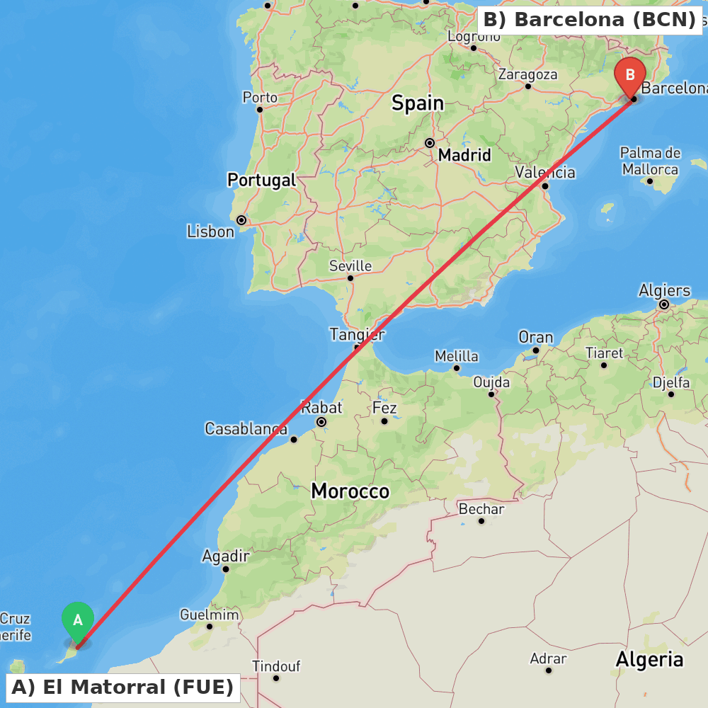 Flight route map from El Matorral to Barcelona