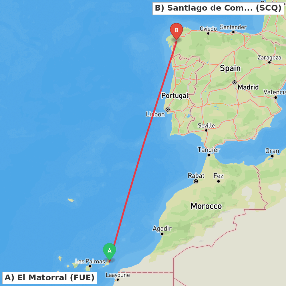 Flight route map from El Matorral to Santiago de Compostela