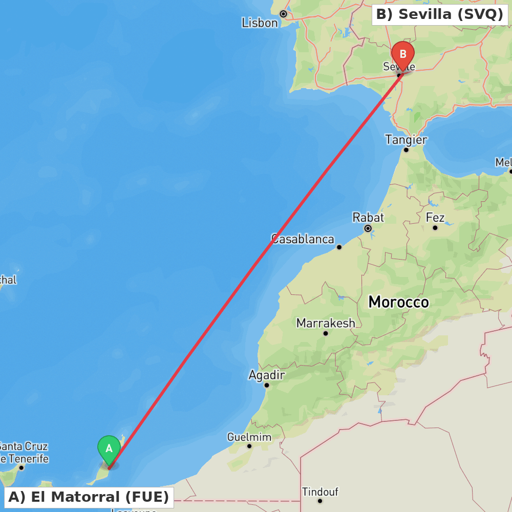 Flight route map from El Matorral to Sevilla