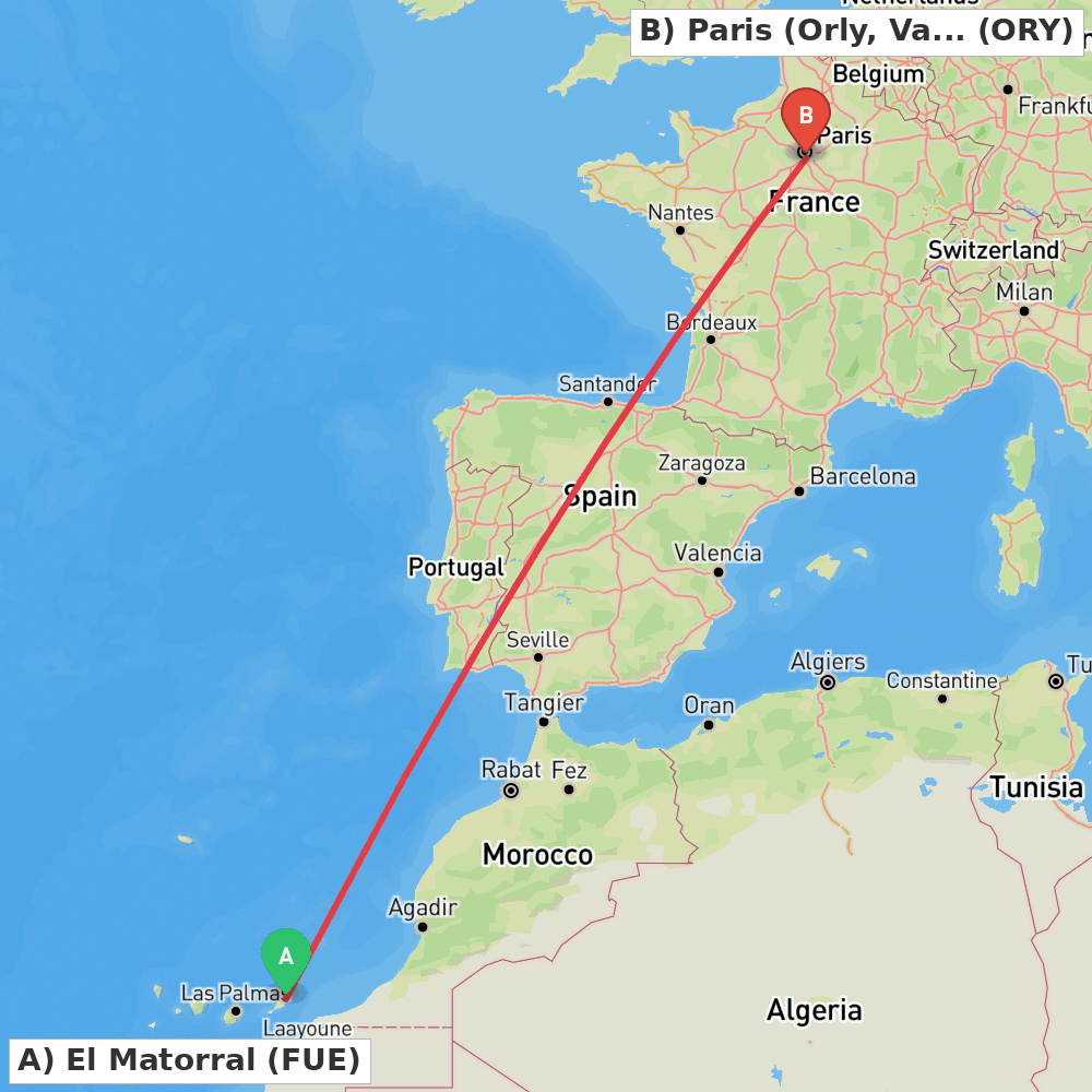 Flight route map from El Matorral to Paris (Orly, Val-de-Marne)