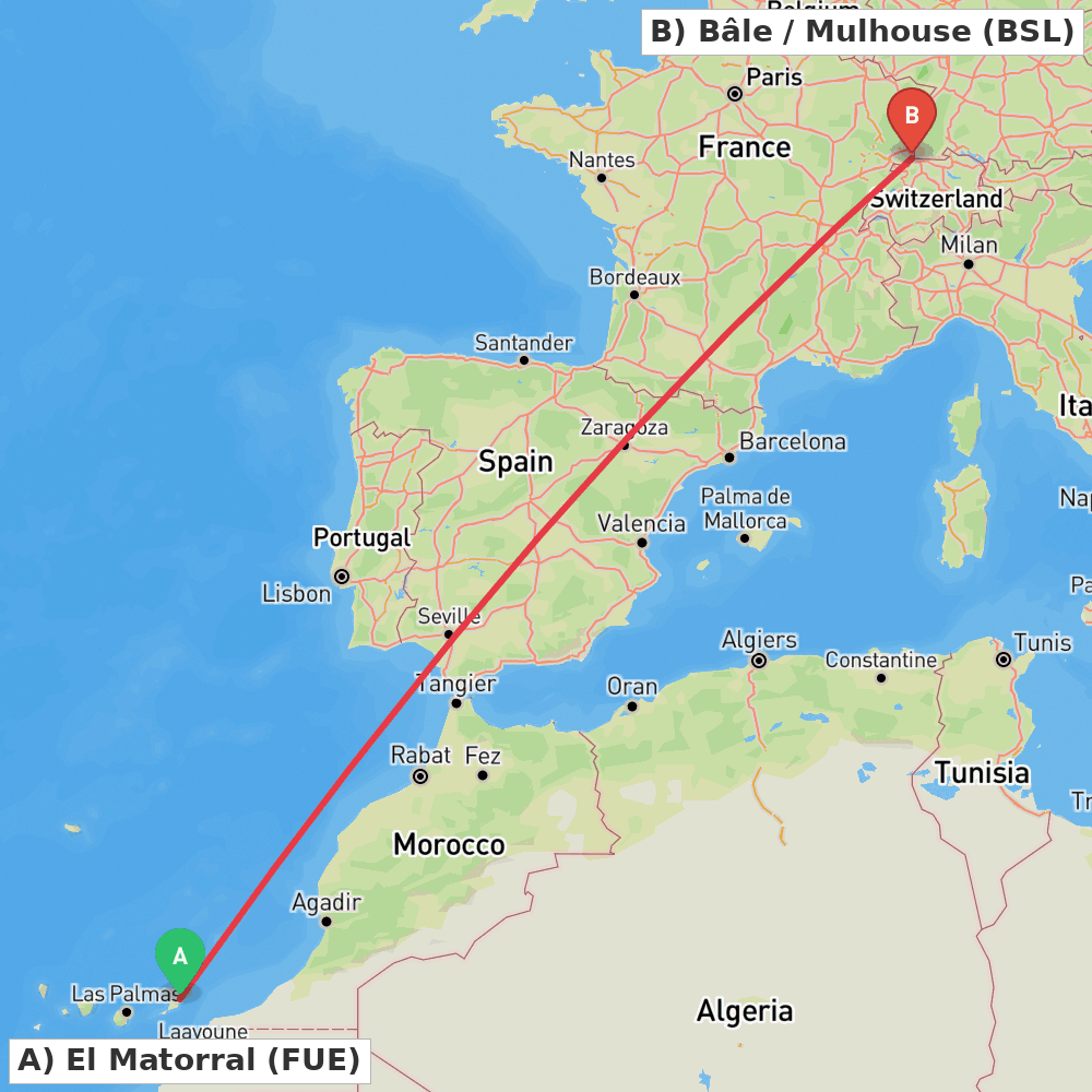 Flight route map from El Matorral to Bâle / Mulhouse
