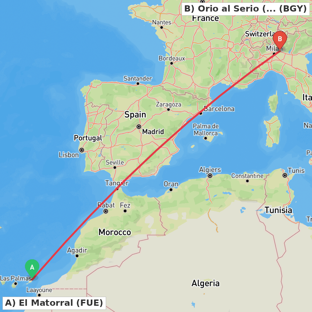 Flight route map from El Matorral to Orio al Serio (BG)
