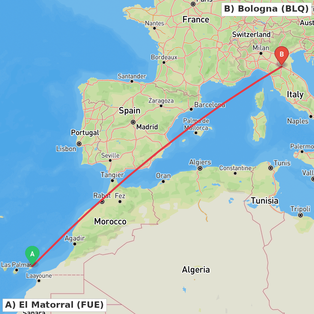 Flight route map from El Matorral to Bologna