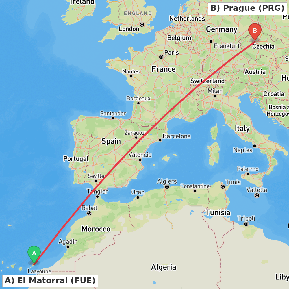 Flight route map from El Matorral to Prague