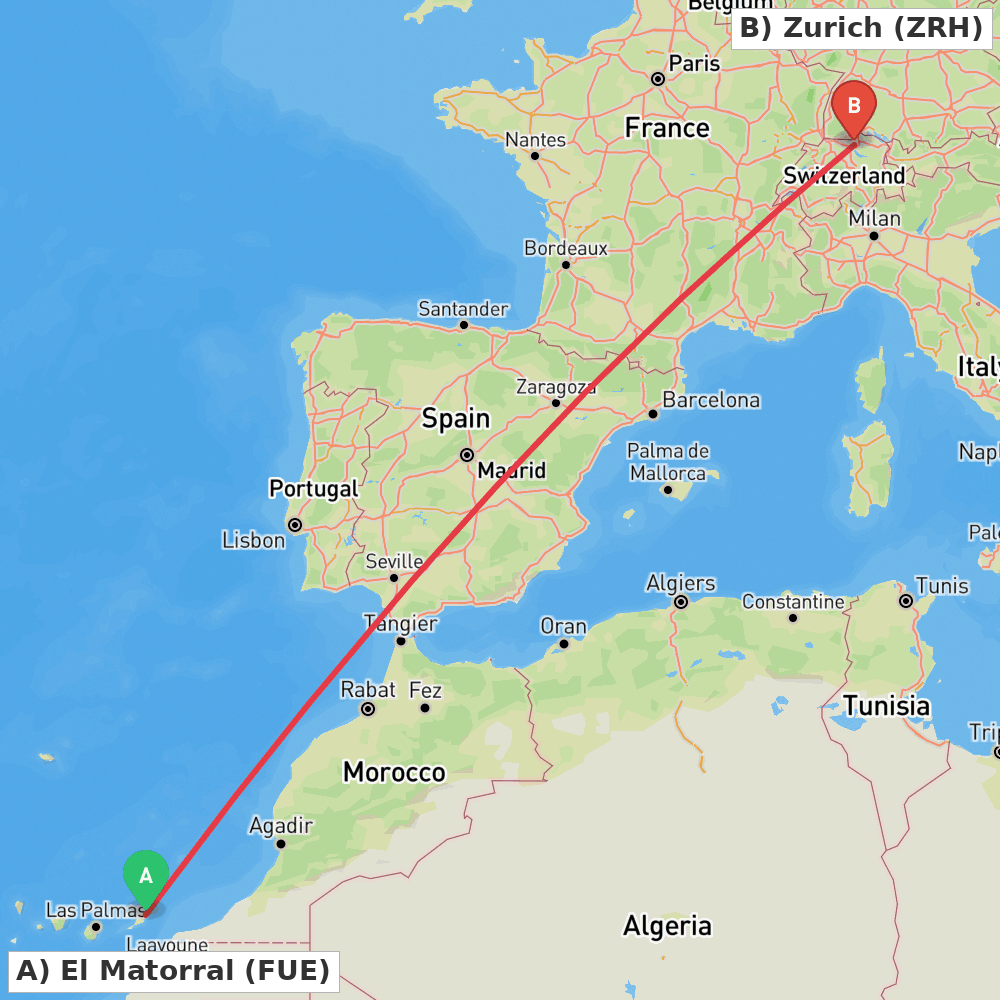 Flight route map from El Matorral to Zurich