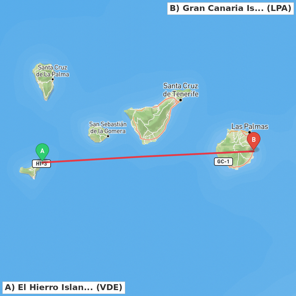 Flight route map from El Hierro Island to Gran Canaria Island