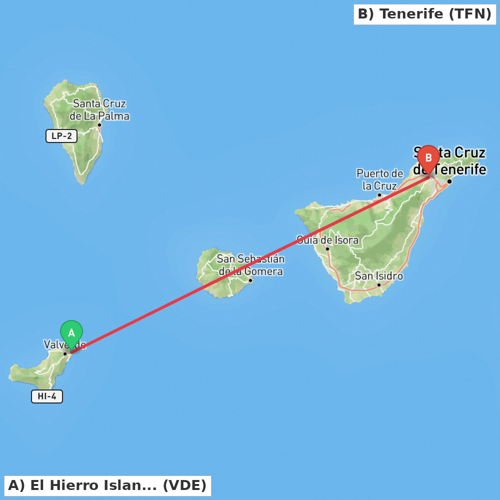 Flight route map from El Hierro Island to Tenerife