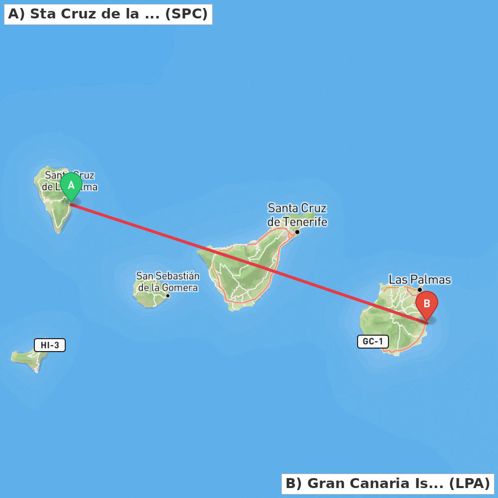 Flight route map from Sta Cruz de la Palma, La Palma Island to Gran Canaria Island