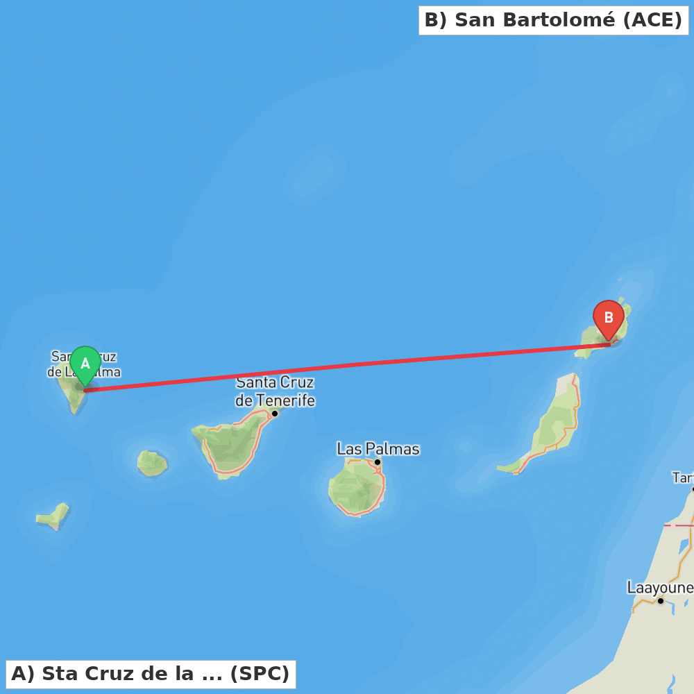 Flight route map from Sta Cruz de la Palma, La Palma Island to San Bartolomé
