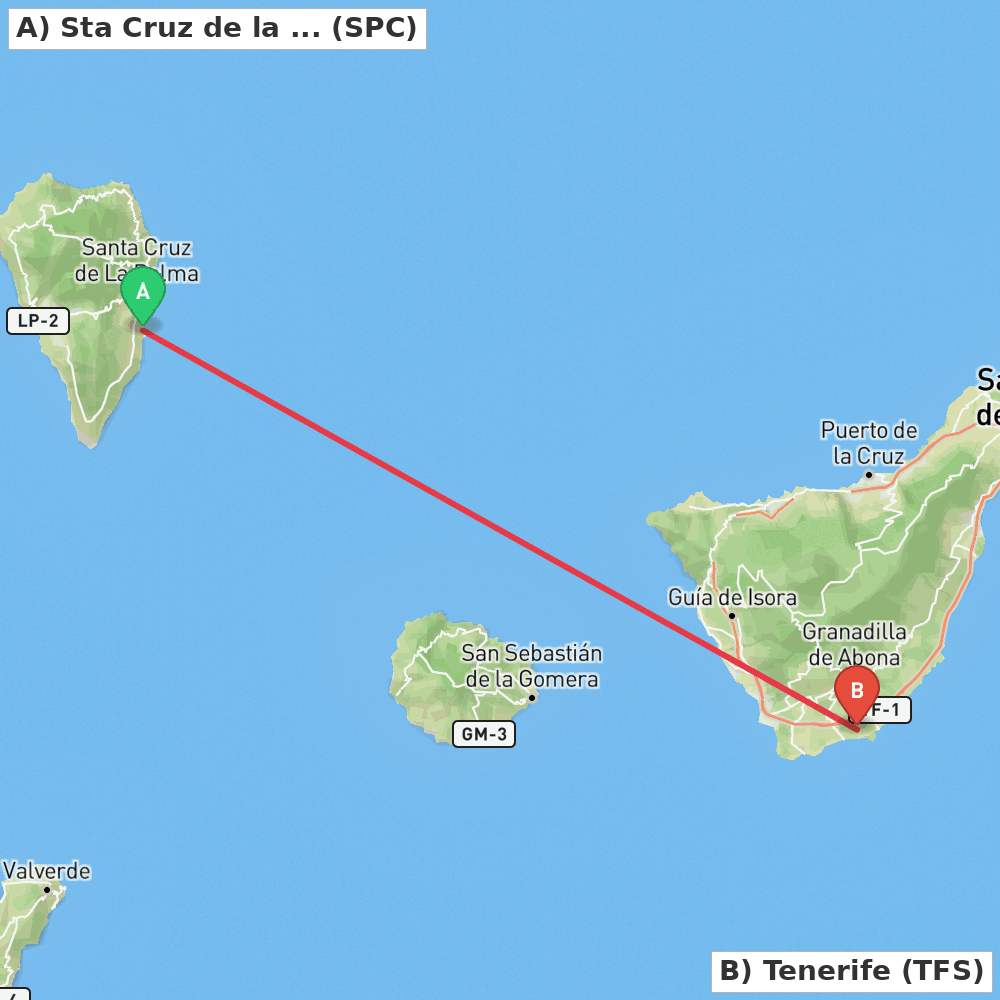 Flight route map from Sta Cruz de la Palma, La Palma Island to Tenerife