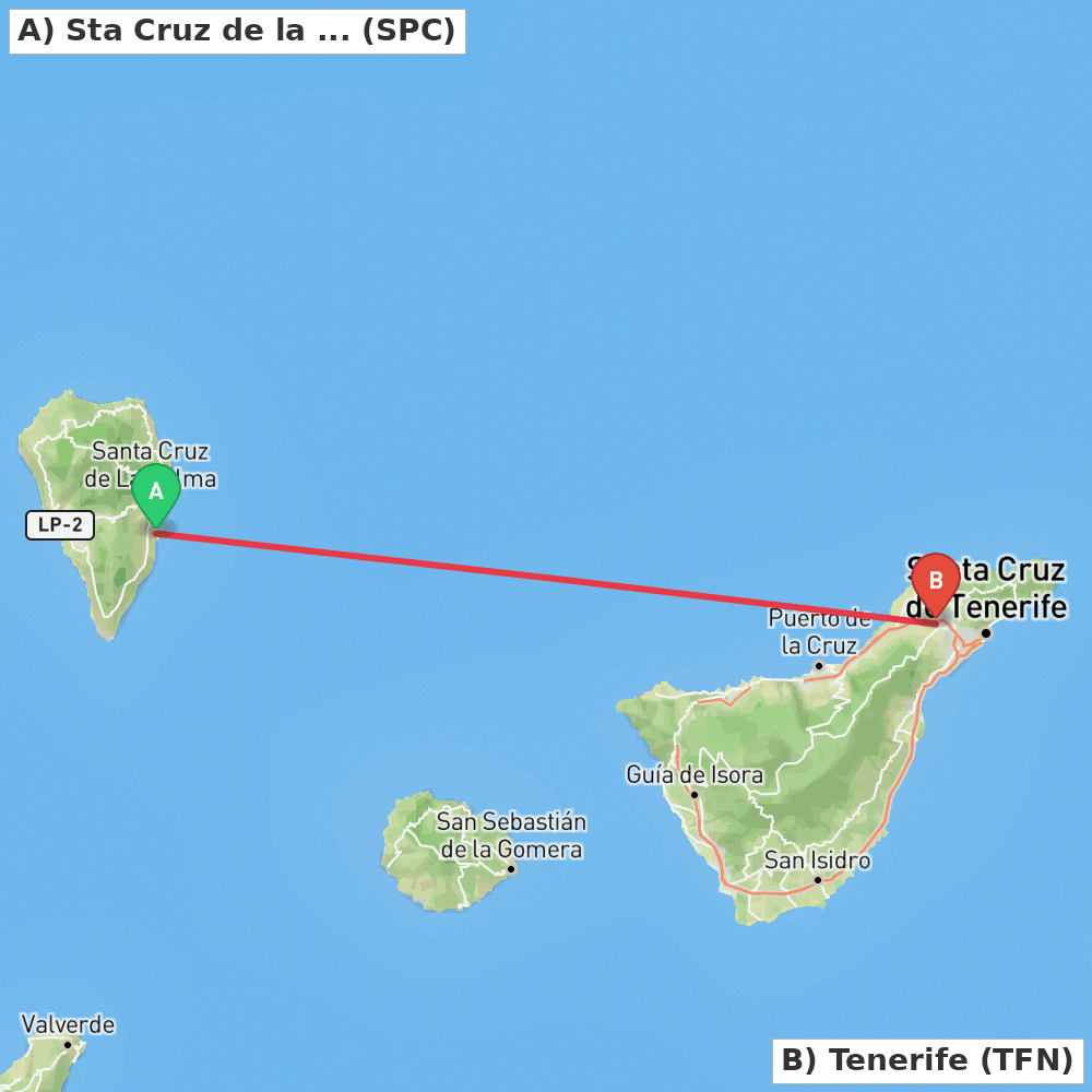 Flight route map from Sta Cruz de la Palma, La Palma Island to Tenerife