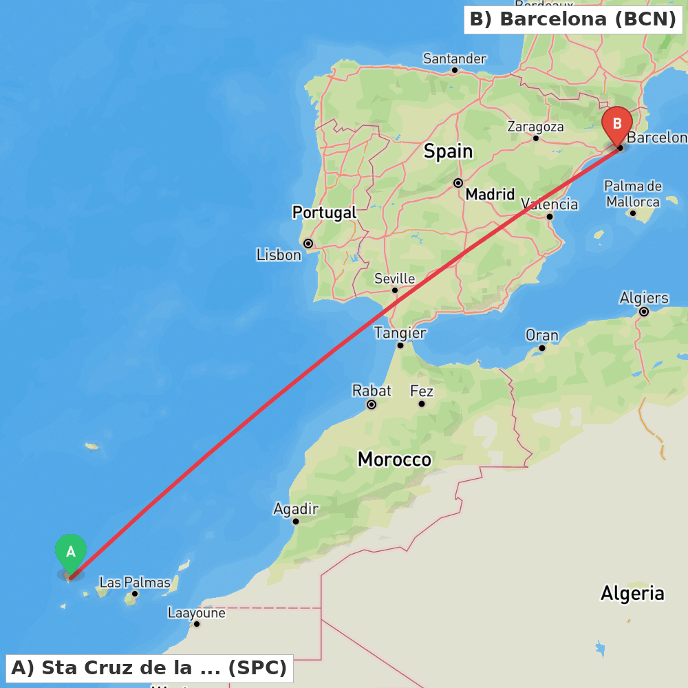 Flight route map from Sta Cruz de la Palma, La Palma Island to Barcelona