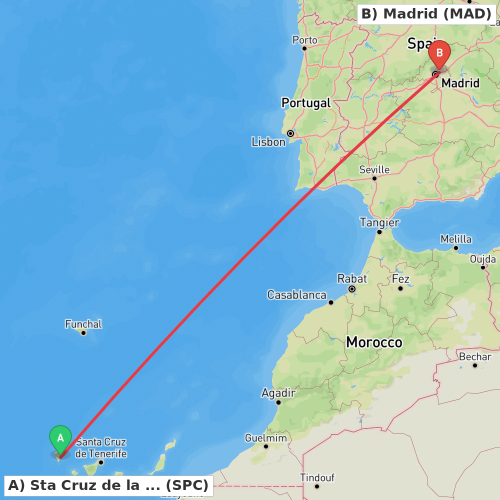 Flight route map from Sta Cruz de la Palma, La Palma Island to Madrid