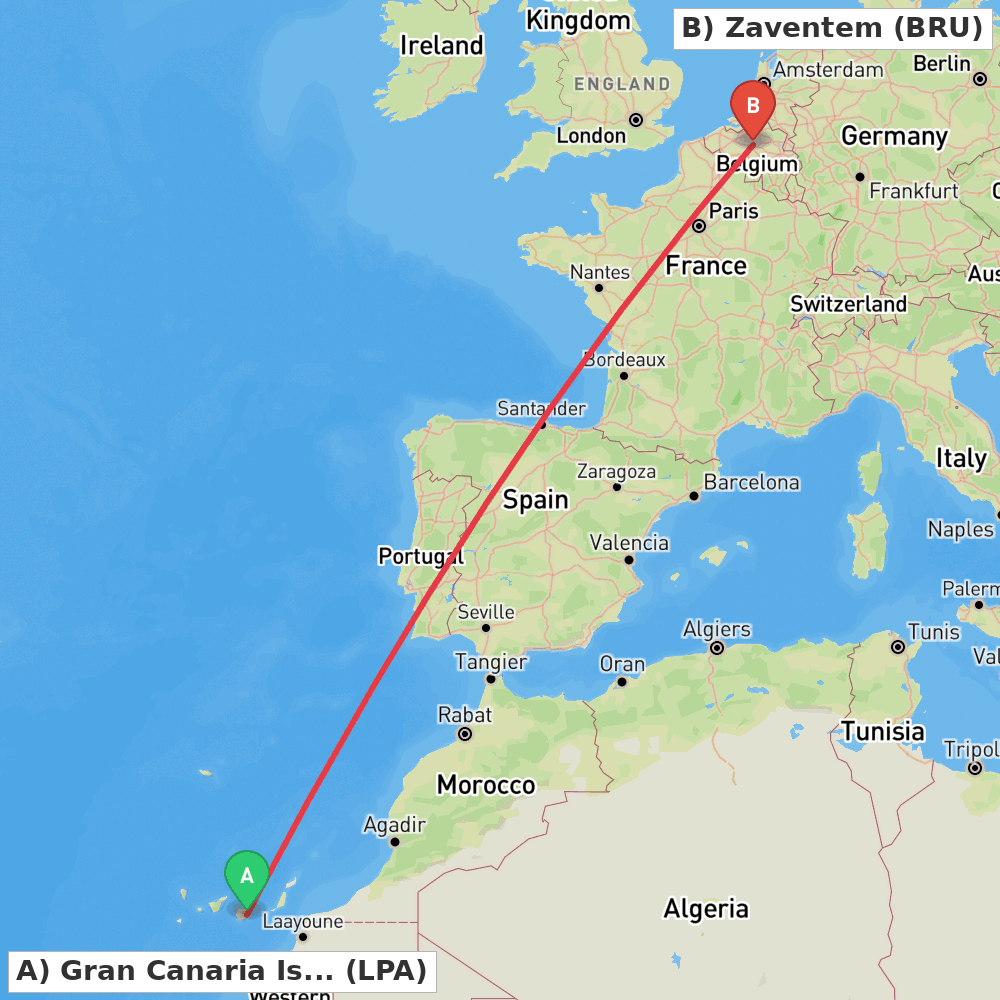 Flight route map from Gran Canaria Island to Zaventem