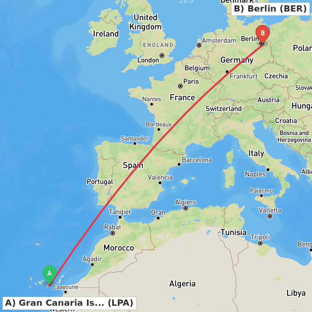 Flight route map from Gran Canaria Island to Berlin