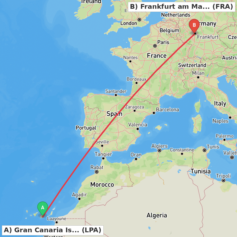 Flight route map from Gran Canaria Island to Frankfurt am Main