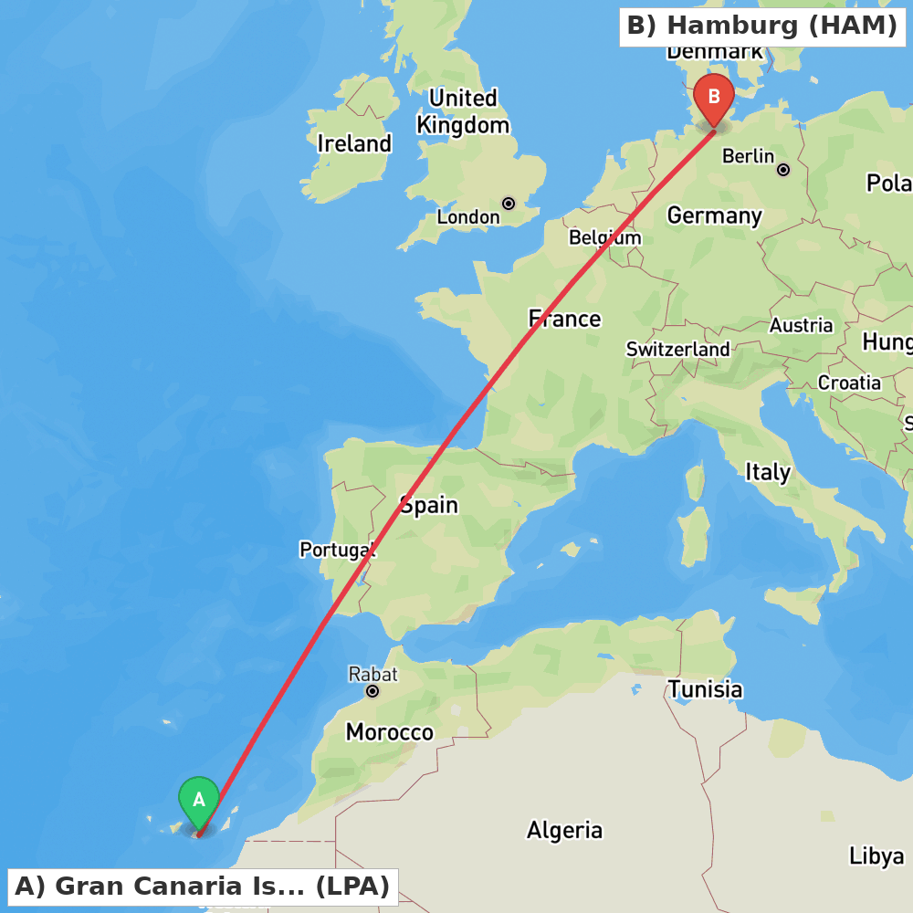 Flight route map from Gran Canaria Island to Hamburg