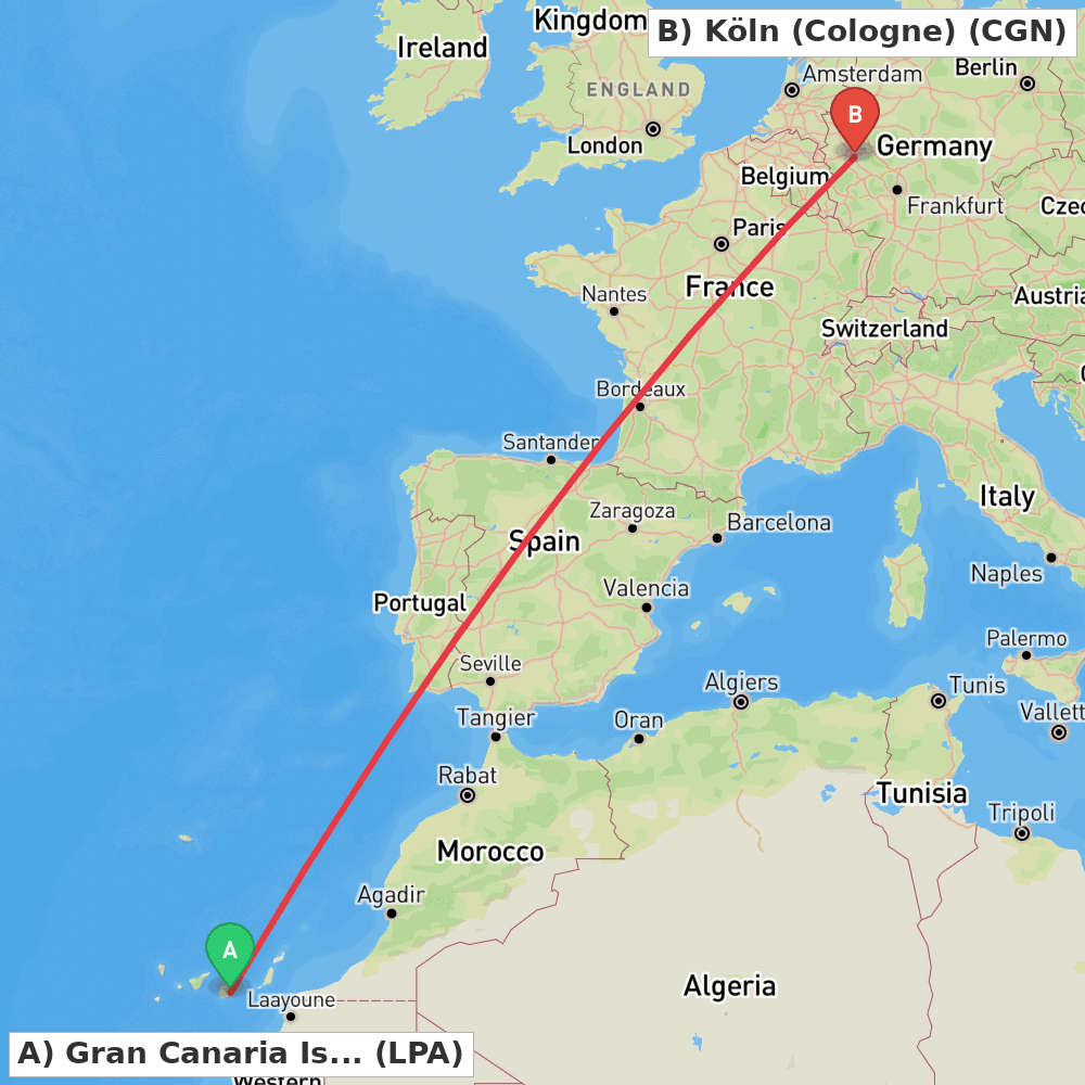 Flight route map from Gran Canaria Island to Köln (Cologne)
