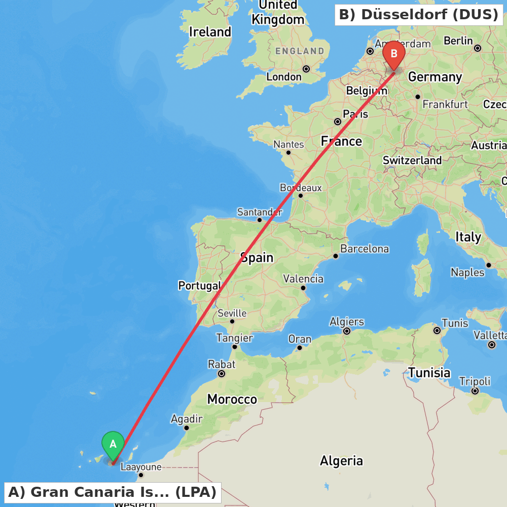 Flight route map from Gran Canaria Island to Düsseldorf