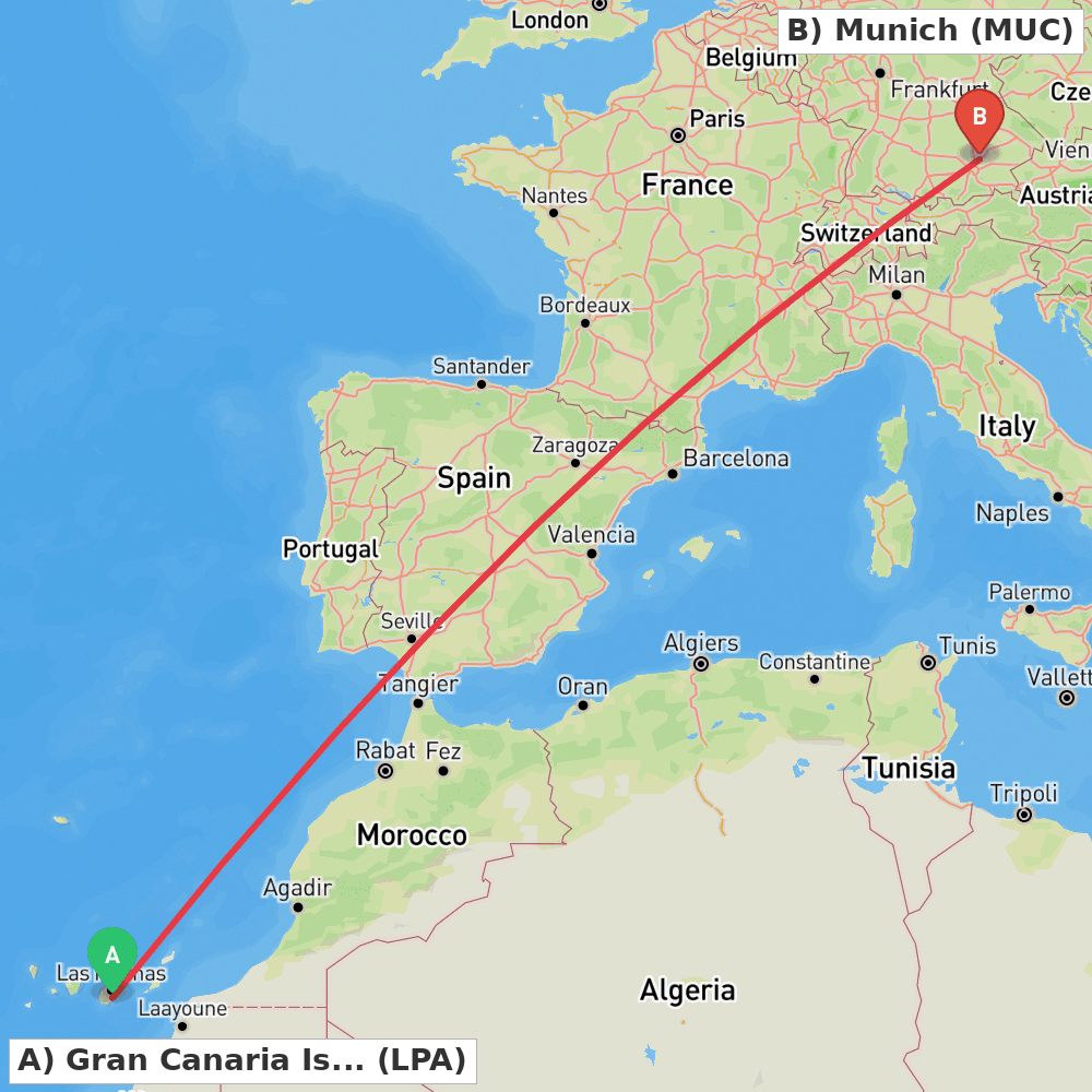 Flight route map from Gran Canaria Island to Munich