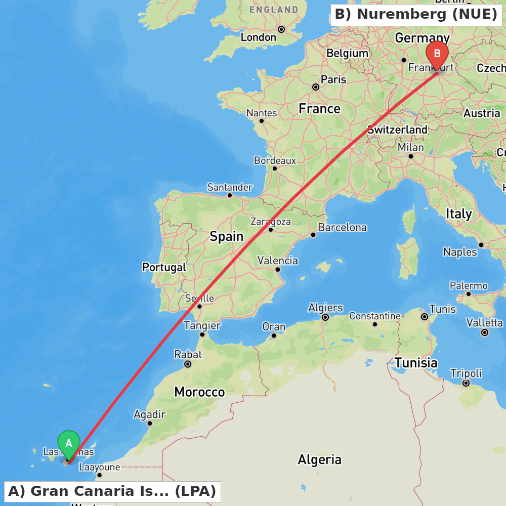Flight route map from Gran Canaria Island to Nuremberg