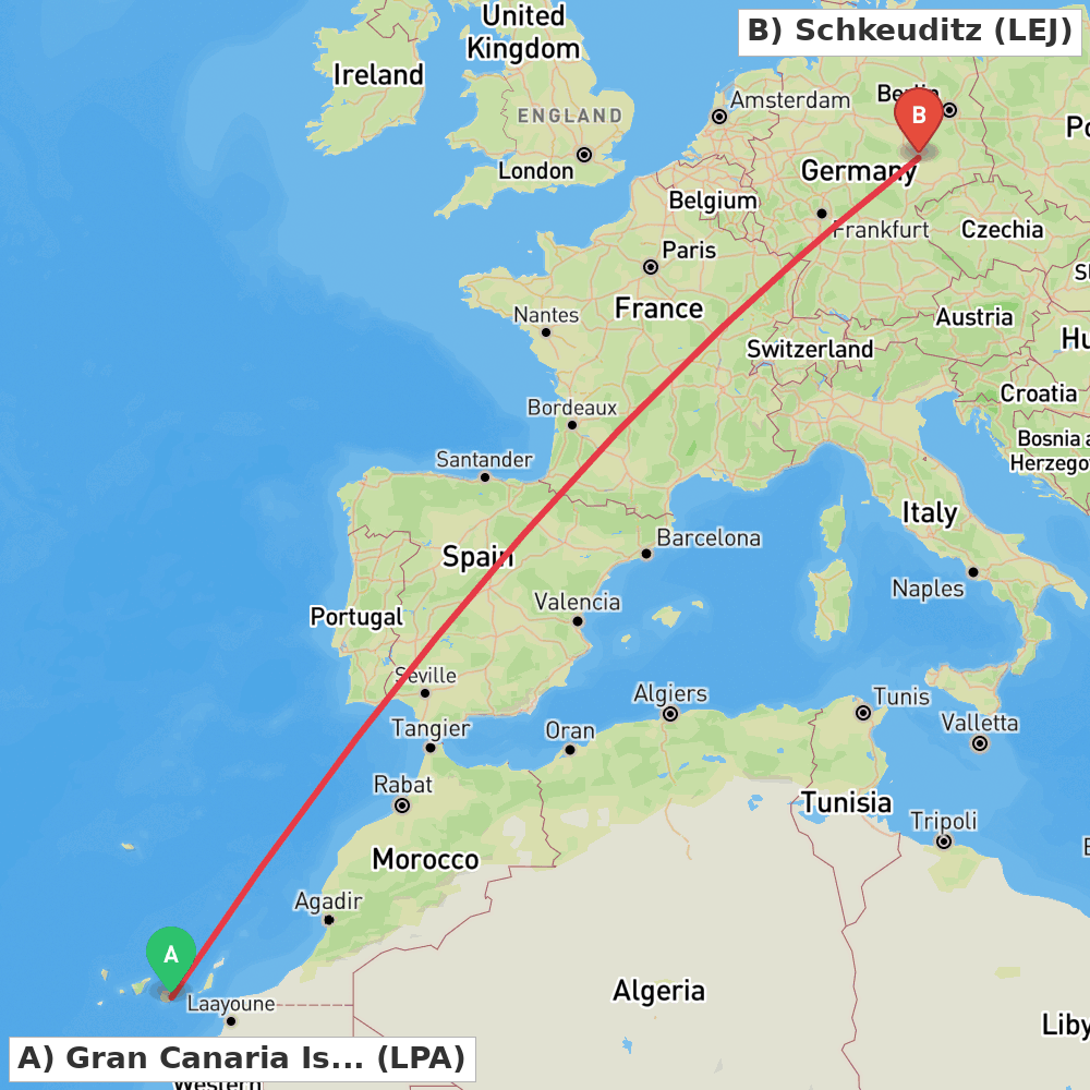 Flight route map from Gran Canaria Island to Schkeuditz